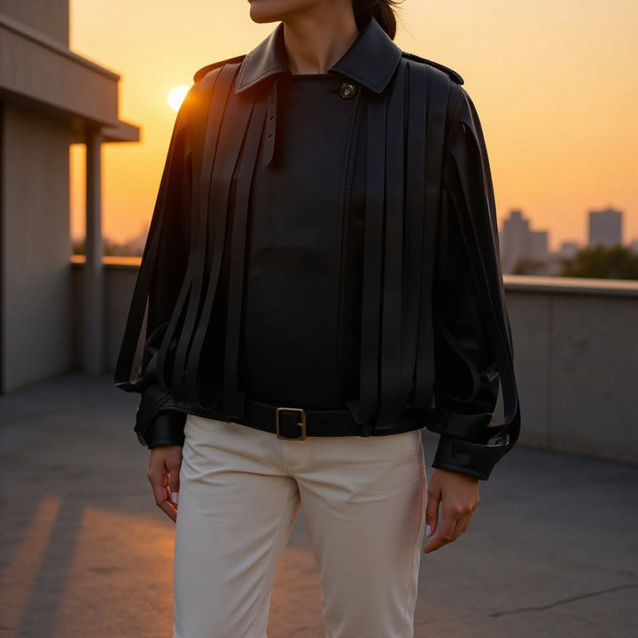 Damen Lederimitat‑Fransenblouson mit Stehkragen und Taillengürtel Echo Archiv