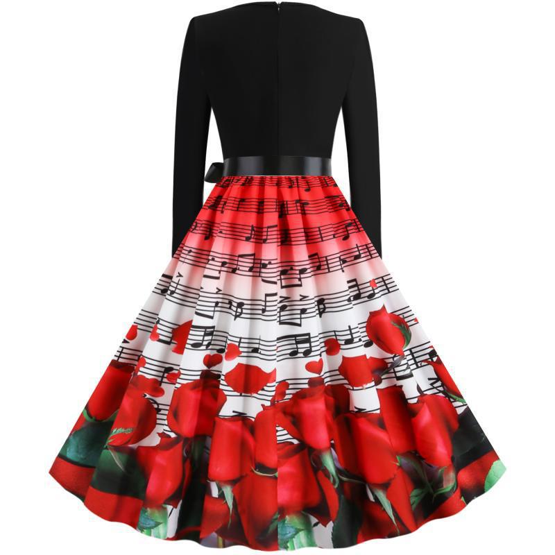 Damen tailliertes A-Linien Kleid mit Noten- und Rosenprint Langarm und Taillenschleife – Élara