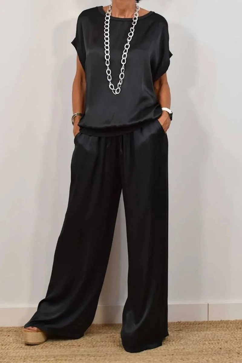 Damen Elegantes Satin Lounge-Set mit weitem Schnitt und lässigem Oberteil Echoarchiv