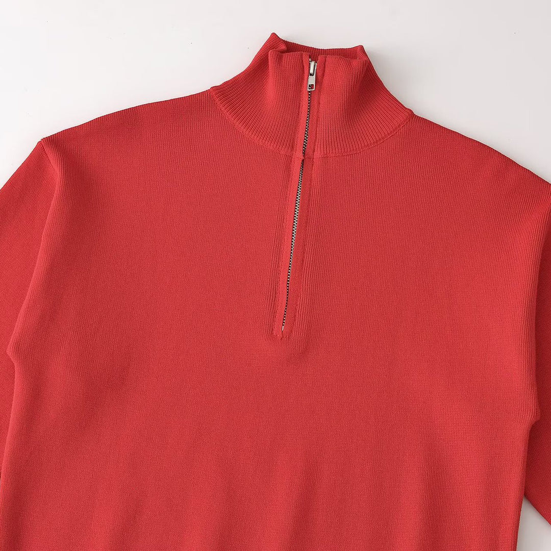 Damen Relaxter Halbzip-Feinstrickpullover mit Stehkragen und überschnittener Schulter Echoarchiv