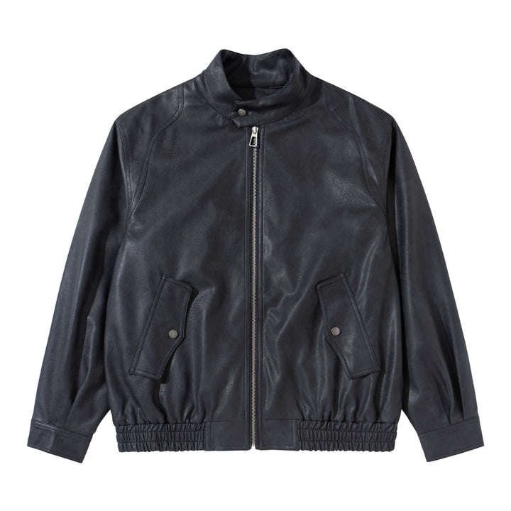 Herren Vintage‑inspirierte Kunstleder‑Bomberjacke mit Funnelkragen, Pattentaschen und elastischem Saum Echoarchiv