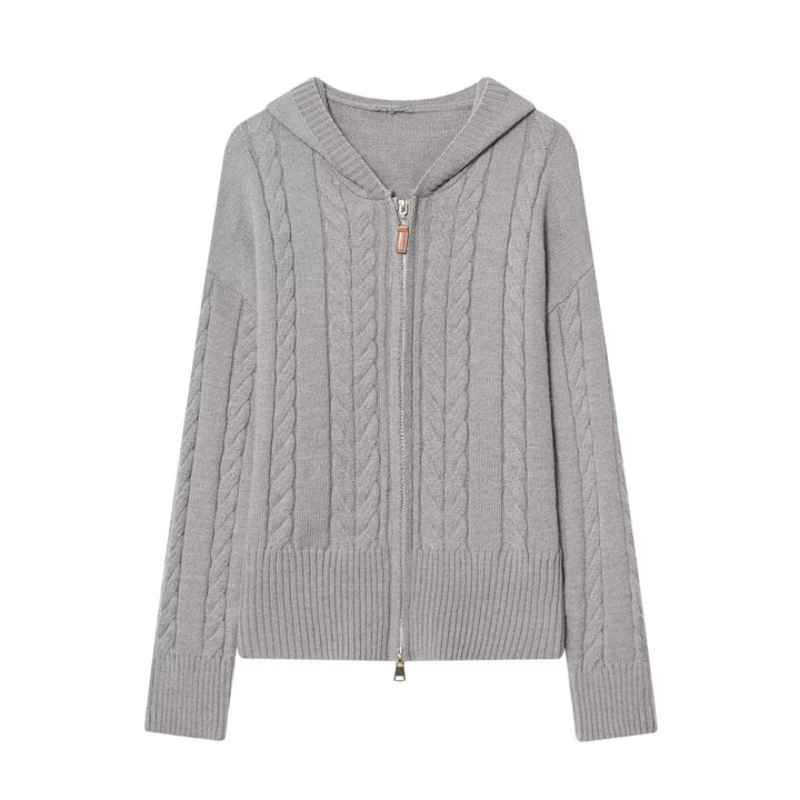 Damen Kapuzenstrickjacke mit Zopfstrickmuster und Metallreißverschluss Echo Archiv
