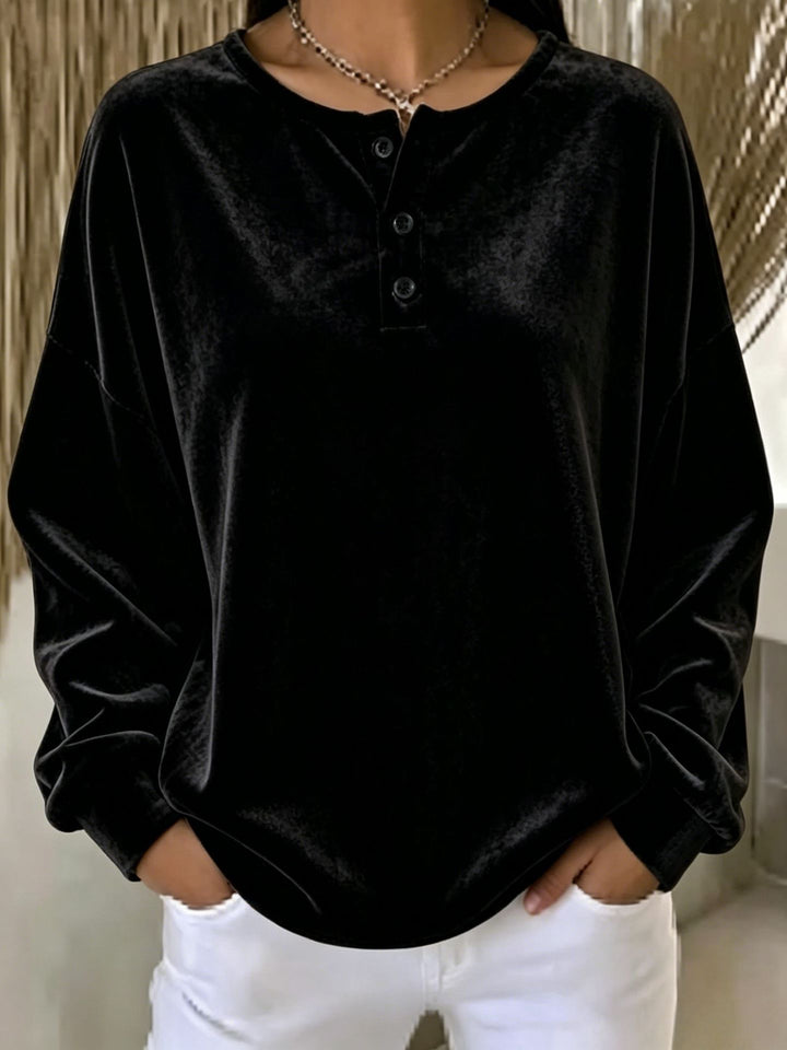 Damen Lässiges Oversize Samt-Henleyshirt mit Knopfleiste Echoarchiv