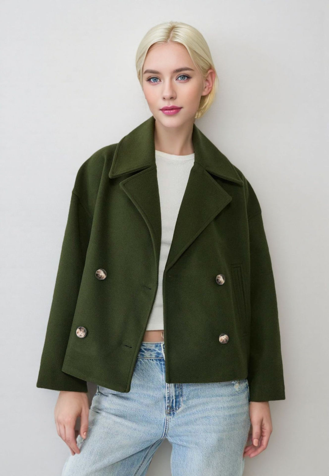 Damen nan kurzes doppeltreihiges Wollmix-Manteljacke im Boxy-Cut mit weitem Reverskragen Echo Archiv