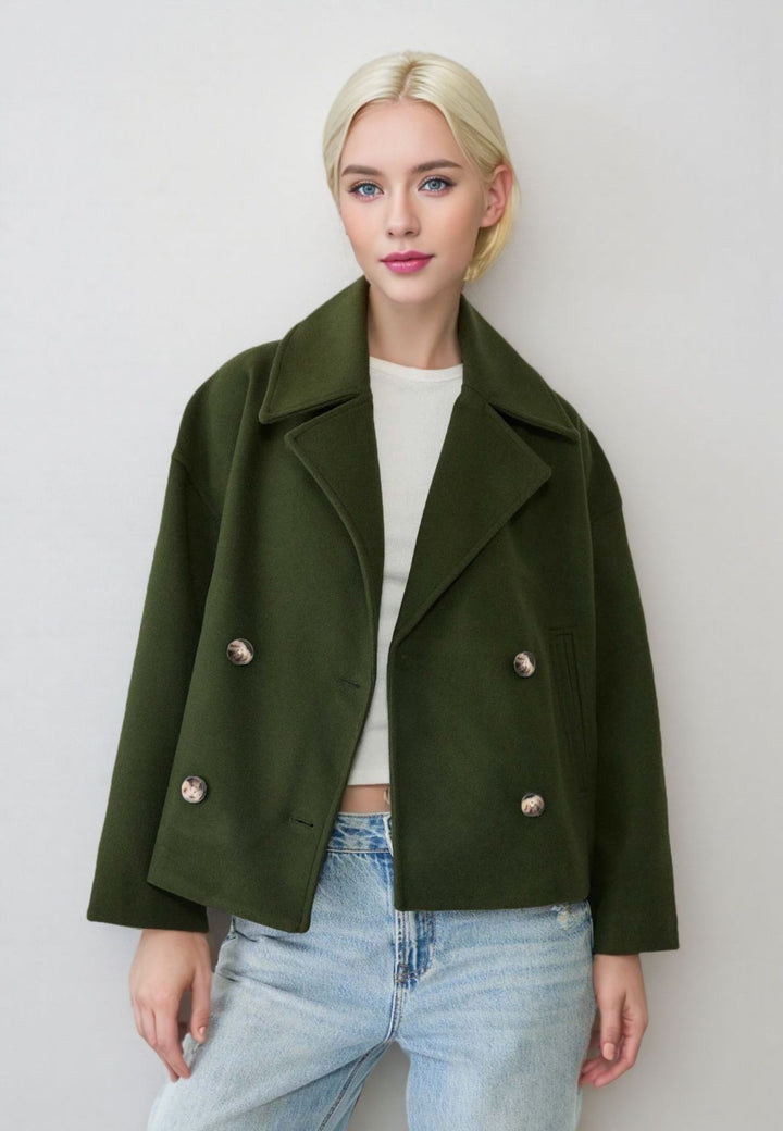 Damen nan kurzes doppeltreihiges Wollmix-Manteljacke im Boxy-Cut mit weitem Reverskragen Echo Archiv