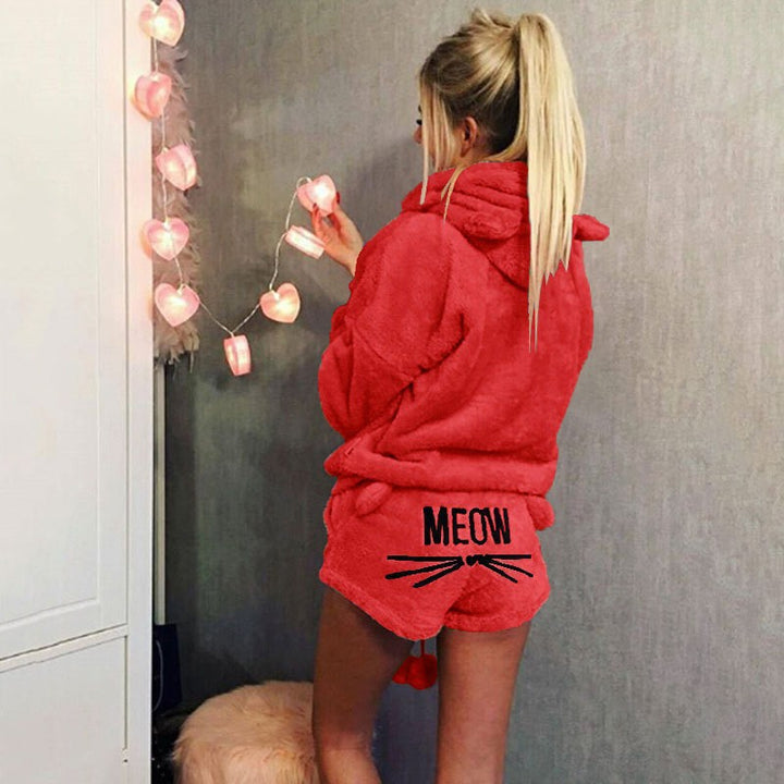 Damen nan kuscheliges zweiteiliges Lounge-Set mit Kapuzenpullover und Shorts mit MEOW-Stickerei Echo Archiv