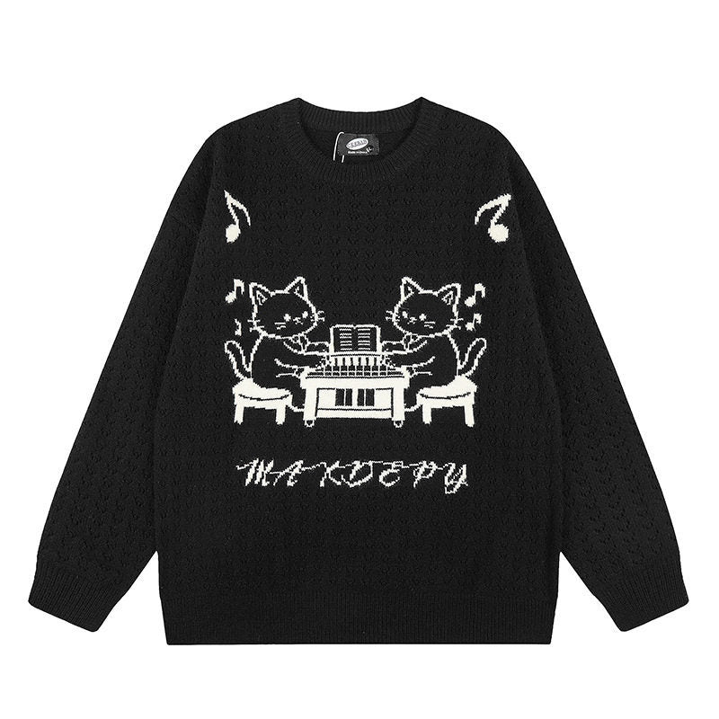 Damen Oversize Strickpullover mit Jacquard-Katzenmotiv und musikalischem Design Echoarchiv
