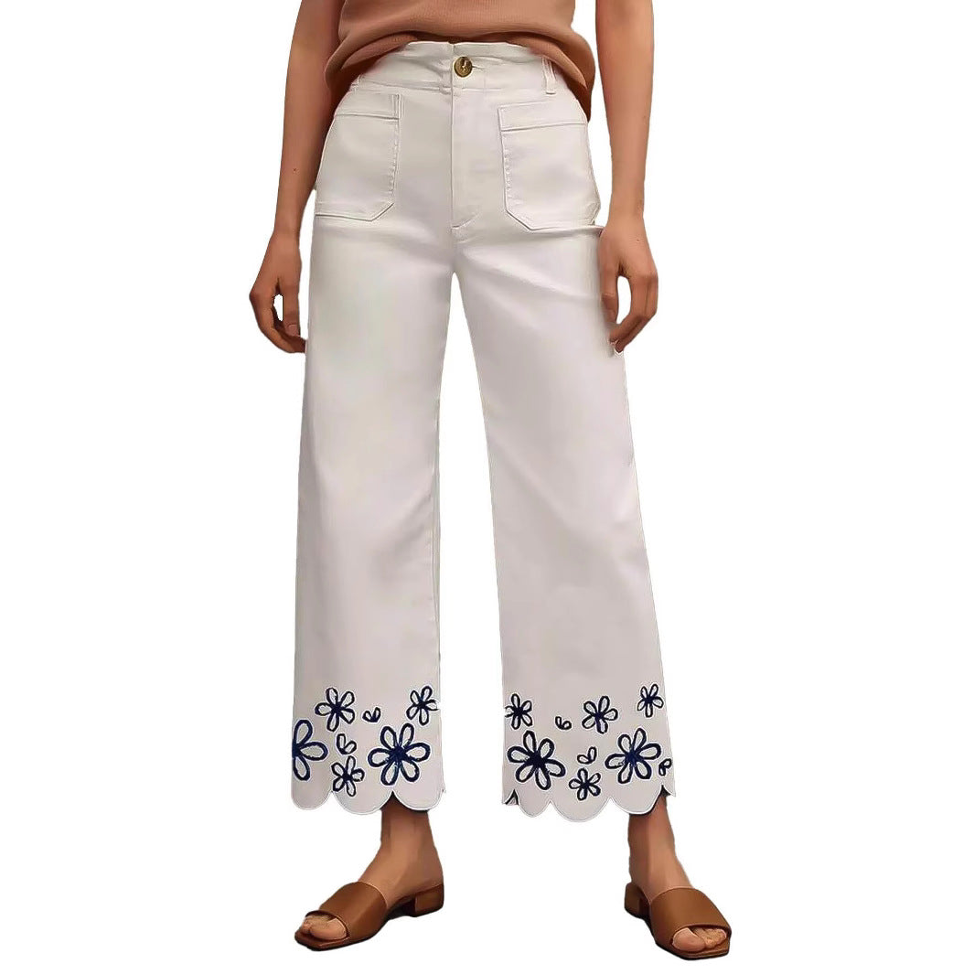 Damen Weite Culotte-Jeans mit gesticktem Blumenmuster Echo Archiv