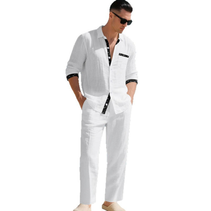 Herren modisches Leinen-Outfit mit auffälliger Knopfleiste und praktischen Taschen Echoarchiv