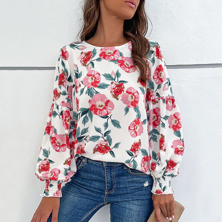 Damen Leichte Bluse mit großflächigem Blumenprint, Volumenärmeln und Smokbündchen Echoarchiv