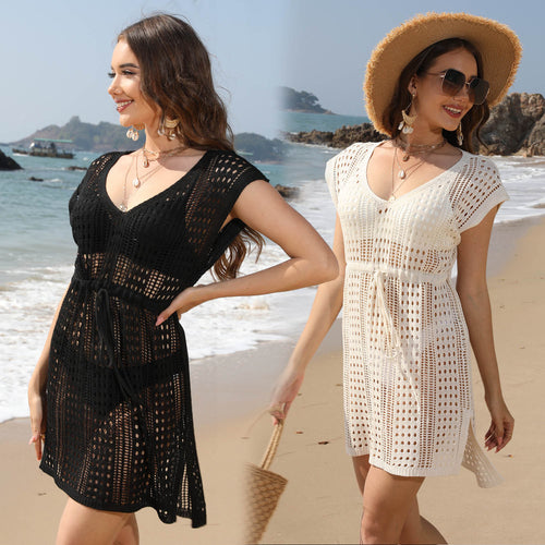 Damen Häkel-Strandkleid mit tiefem V-Ausschnitt und elastischem Bund Echo Archiv