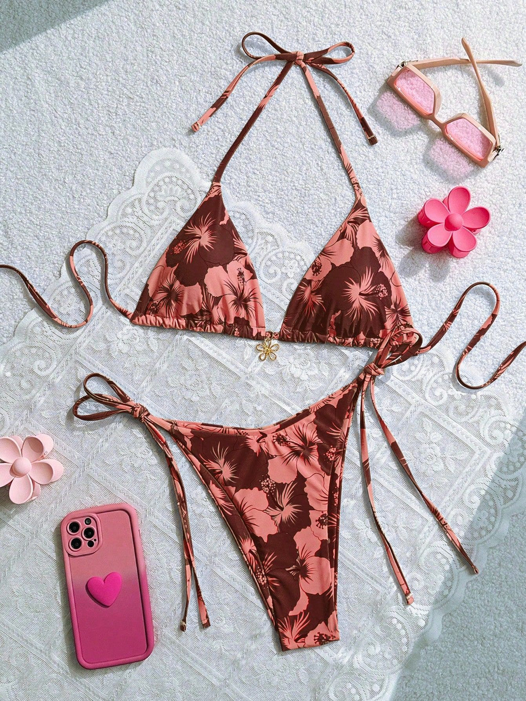 Damen Triangel-Bikini mit floralen Akzenten und raffinierten Bindebändern Echo Archiv