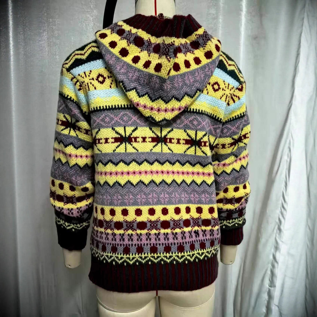 Damen nan oversized Strickkapuzenpullover mit Norwegermuster, gefütterter Kapuze und gerippten Bündchen Echo Archiv