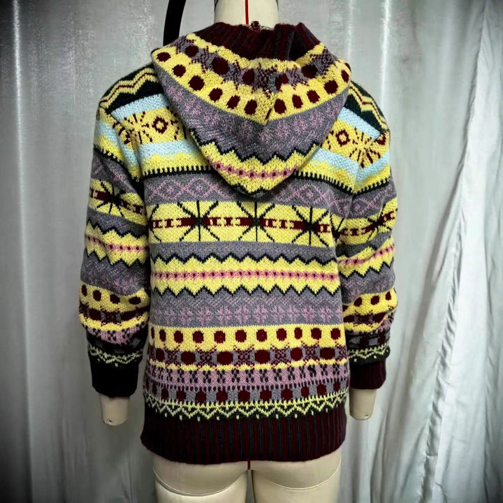 Damen nan oversized Strickkapuzenpullover mit Norwegermuster, gefütterter Kapuze und gerippten Bündchen Echo Archiv