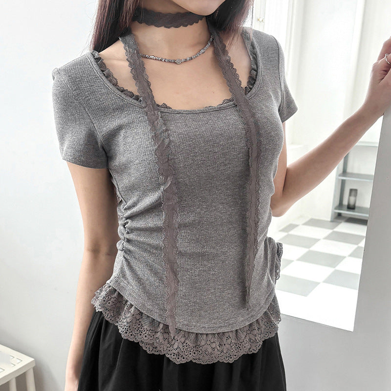 Damen feines Rüschenshirt mit Spaghettiträgern und zartem Spitzenbesatz Echo Archiv