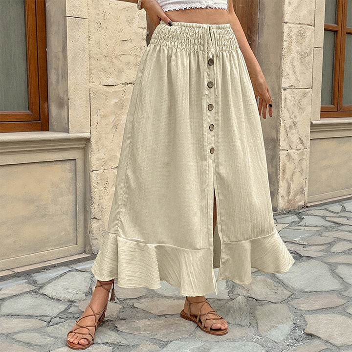 Damen Sommerlicher Maxirock mit Smockbund, durchgehender Knopfleiste, Seitenschlitz und Volant Echoarchiv
