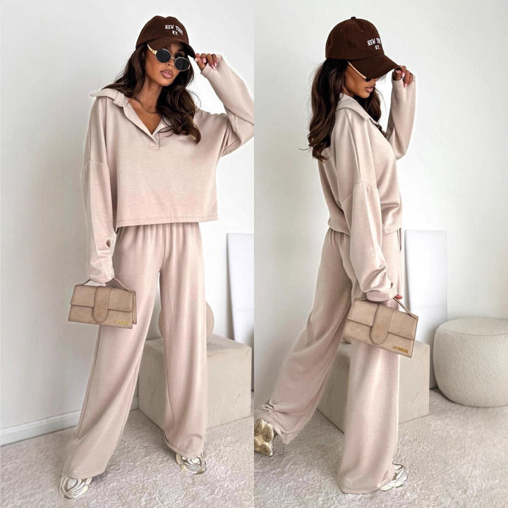 Damen Loungewear-Zweiteiler mit Hemdkragen-Cropped-Sweatshirt und weiter Palazzo-Hose – Élanora