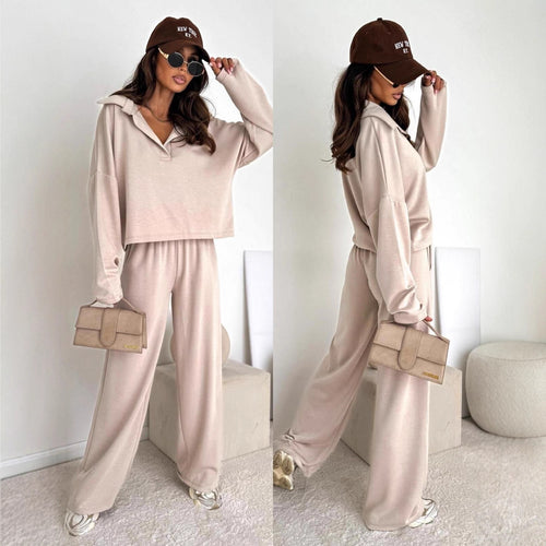 Damen Loungewear-Zweiteiler mit Hemdkragen-Cropped-Sweatshirt und weiter Palazzo-Hose – Élanora