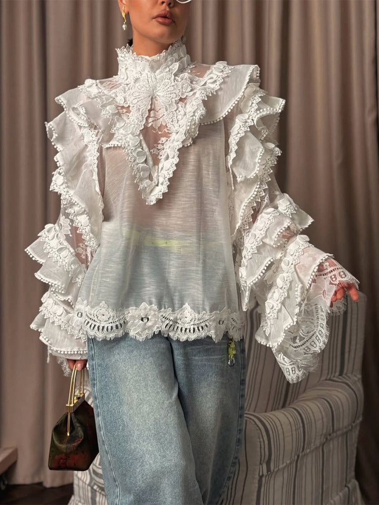 Damen Transparente Spitzenbluse mit Volant-Ärmeln und hohem Stehkragen Echoarchiv