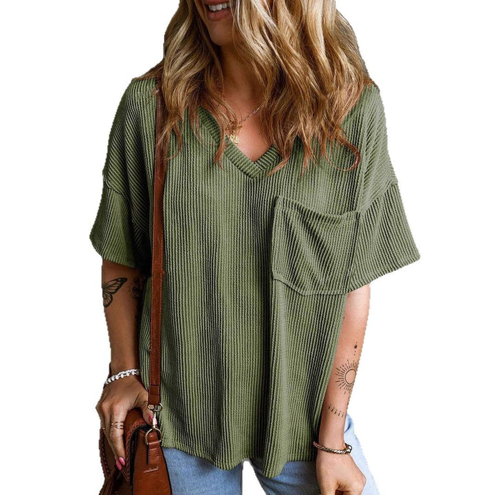 Damen Lässiges Rippstrick Oversize T-Shirt mit V-Ausschnitt und Brusttasche Echo Archiv