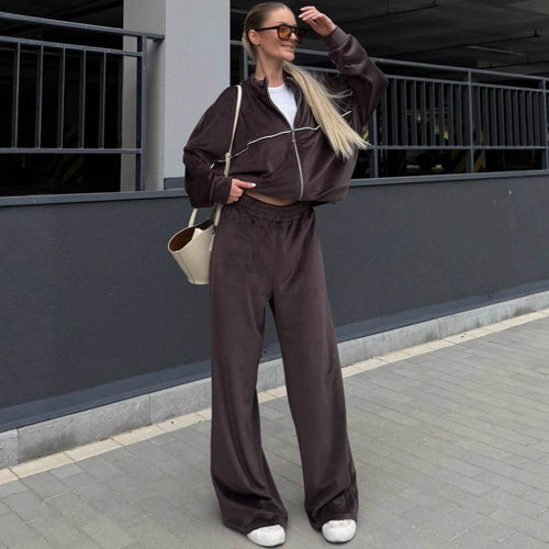 Damen Relaxed-Fleece-Set mit halblanger Zipjacke und extraweiter High-Waist Jogginghose – Avérine