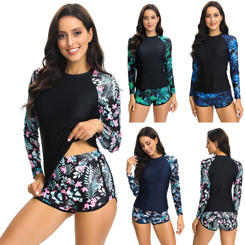Damen Sportlicher Langarm Rashguard mit buntem Pflanzenmuster Echo Archiv