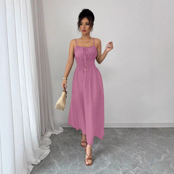Damen Midikleid mit Smokbund, Spaghettiträgern und Bindekordel Echo Archiv