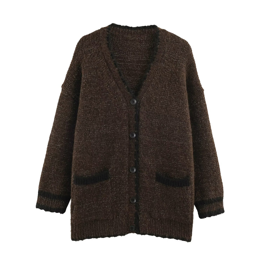 Damen Oversize Strickcardigan mit V-Ausschnitt, Knopfleiste und kontrastierenden Zierkanten Echoarchiv