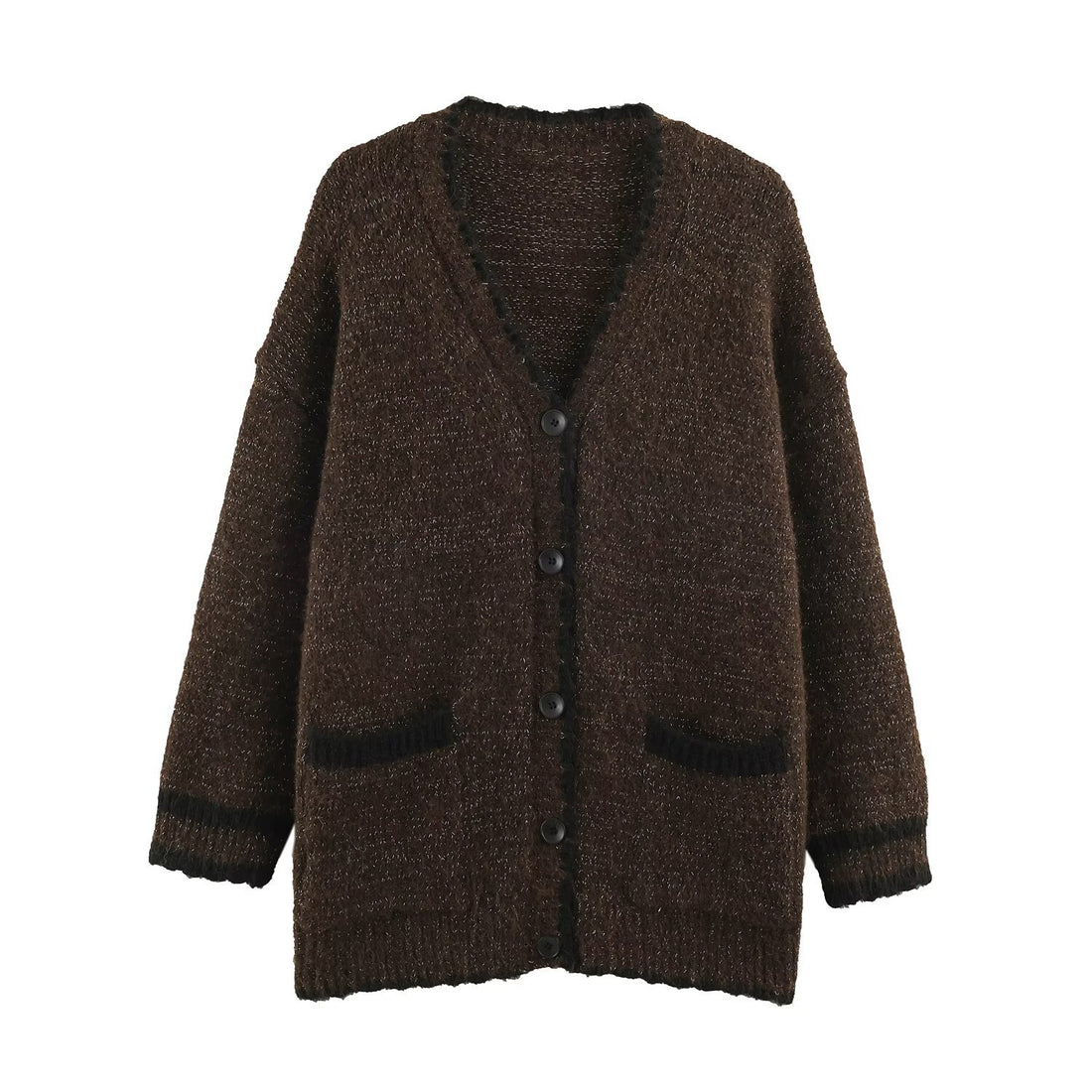 Damen Oversize Strickcardigan mit V-Ausschnitt, Knopfleiste und kontrastierenden Zierkanten Echoarchiv