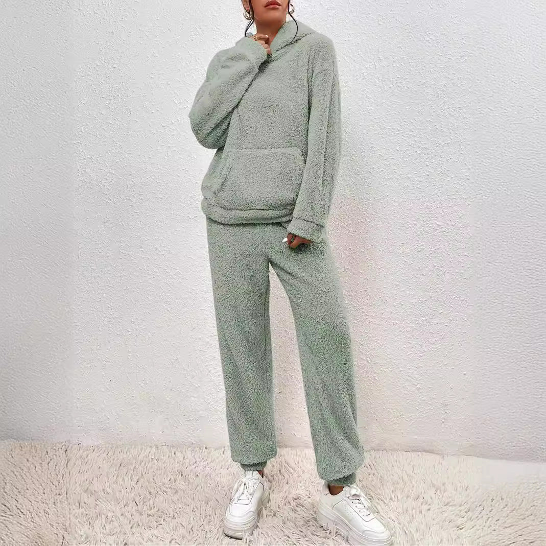 Damen nan kuscheliges Teddy-Fleece Hausanzug-Set mit Kapuze, Kängurutasche und elastischer Jogginghose Echo Archiv