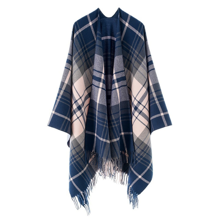 Damen Cape‑Poncho im Oversize‑Deckenstil mit tartanartigem Karomuster und Fransensaum – Avérine