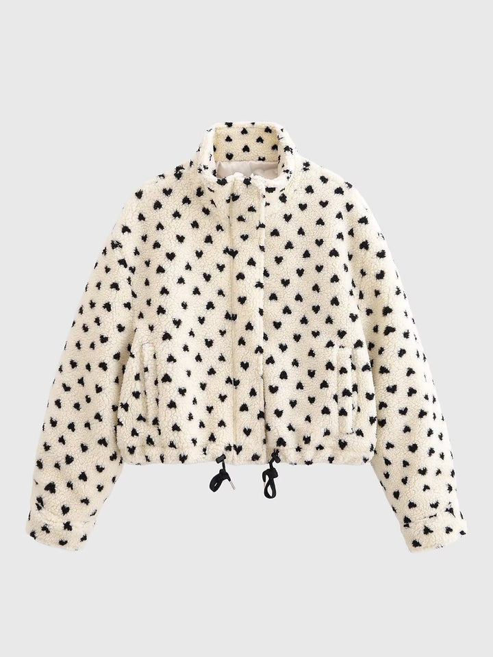 Damen Kurze Teddyjacke aus Sherpa‑Fleece mit Herzchenprint und Tunnelzug Echoarchiv