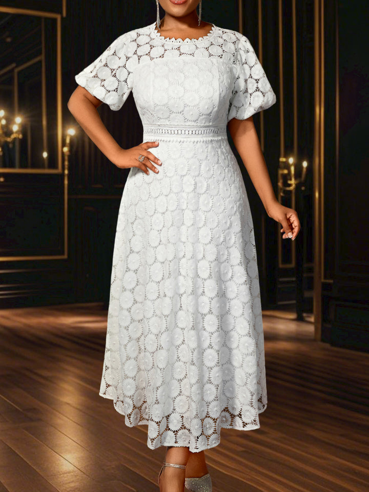 Damen Midi-Kleid mit eleganter Spitzenapplikation und Puffärmeln Echo Archiv