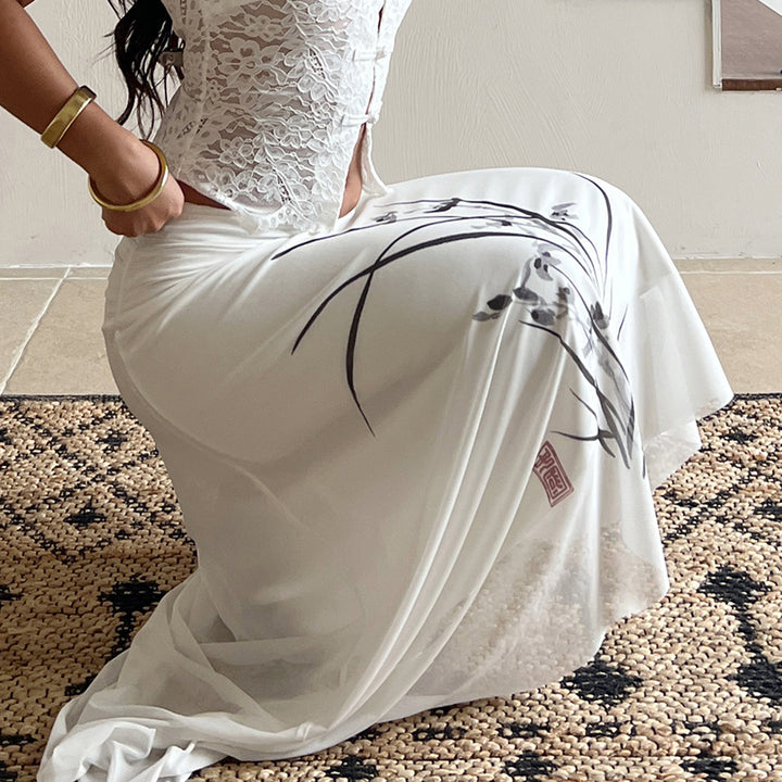 Damen Asymmetrischer Chiffonrock mit gerafftem Hochtaille-Bund und floralem Brushprint – Élara