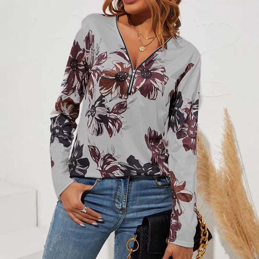 Damen Langarmshirt mit Reißverschluss V-Ausschnitt und großem Blumenmuster – Avérine