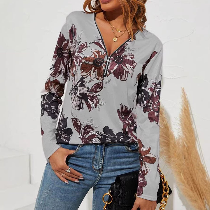 Damen Langarmshirt mit Reißverschluss V-Ausschnitt und großem Blumenmuster – Avérine