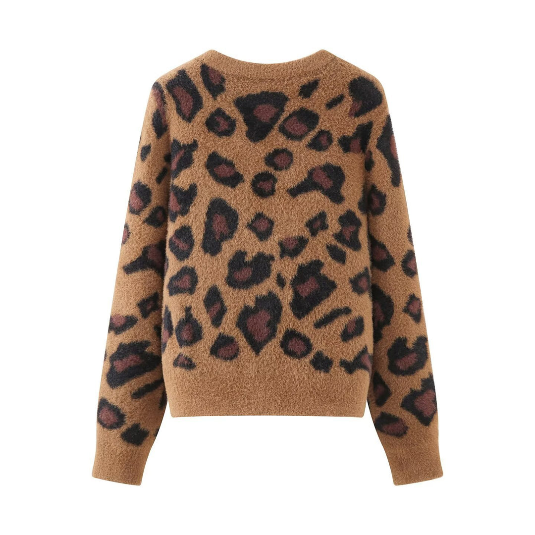 Damen Flauschige Strickjacke im Leo‑Print mit Rundhalsausschnitt und Knopfleiste Echo Archiv