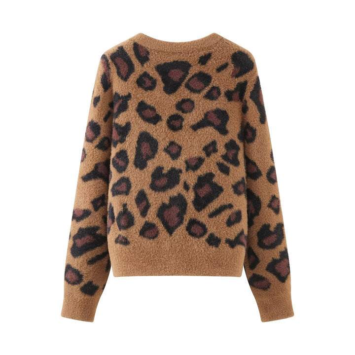 Damen Flauschige Strickjacke im Leo‑Print mit Rundhalsausschnitt und Knopfleiste Echo Archiv