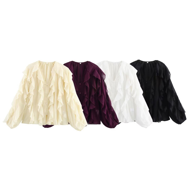 Damen Volant-Chiffonbluse mit V‑Ausschnitt, Knopfleiste und Ballonärmeln Echo Archiv