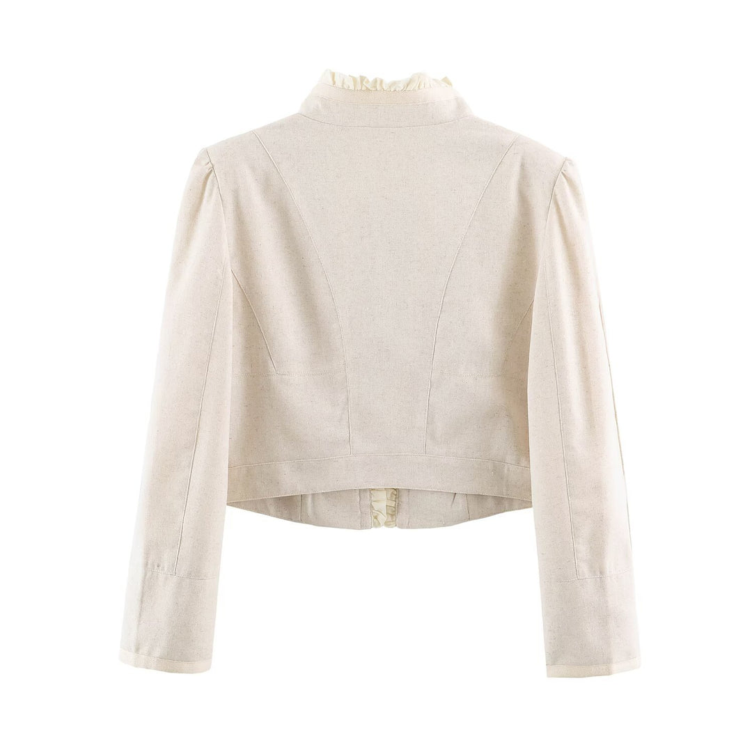 Damen Cropped Jacke mit taillierter Silhouette, Stehkragen und Rüschenblende Echo Archiv