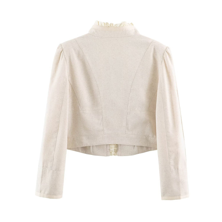 Damen Cropped Jacke mit taillierter Silhouette, Stehkragen und Rüschenblende Echo Archiv