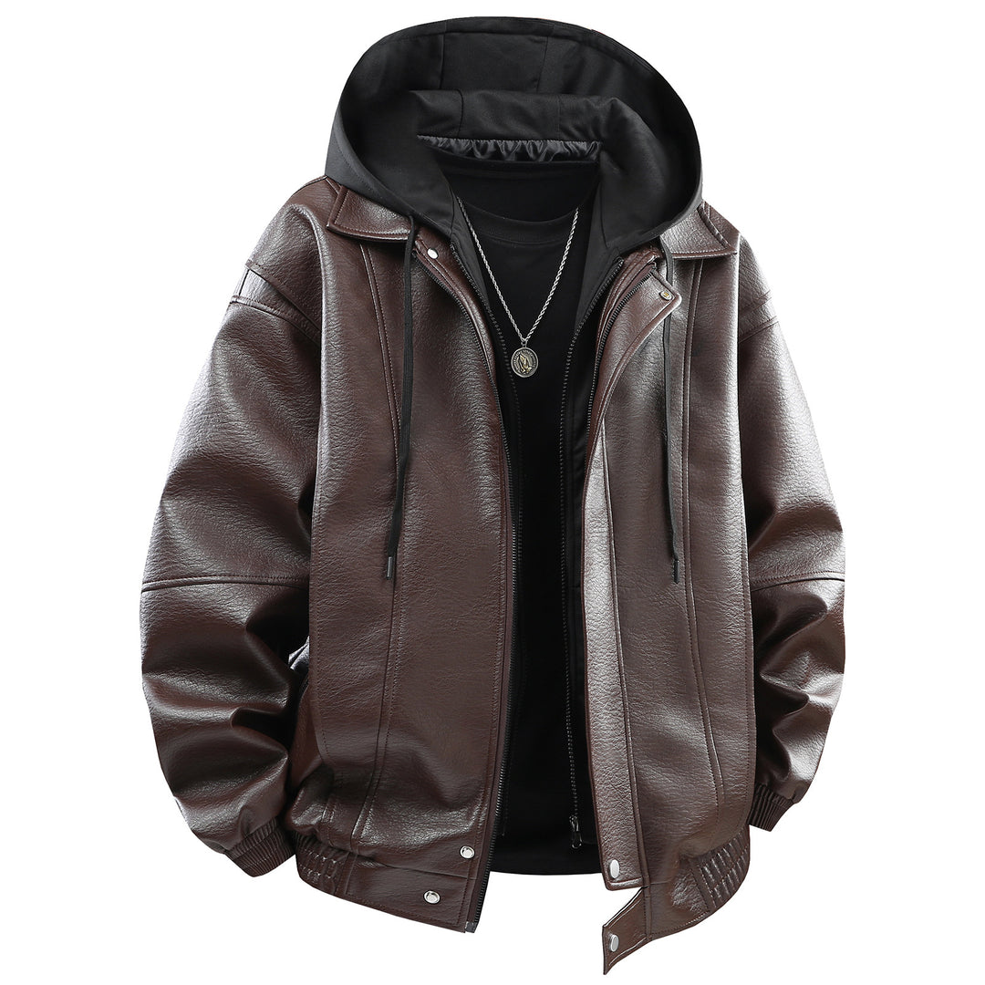 Herren Kunstlederjacke mit abnehmbarer Kapuze und funktionalen Taschen Echoarchiv