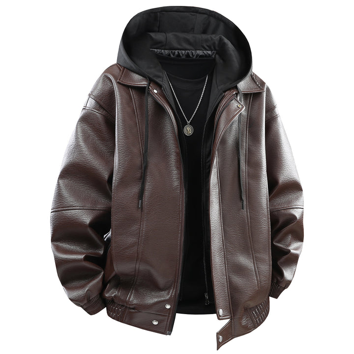 Herren Kunstlederjacke mit abnehmbarer Kapuze und funktionalen Taschen Echoarchiv