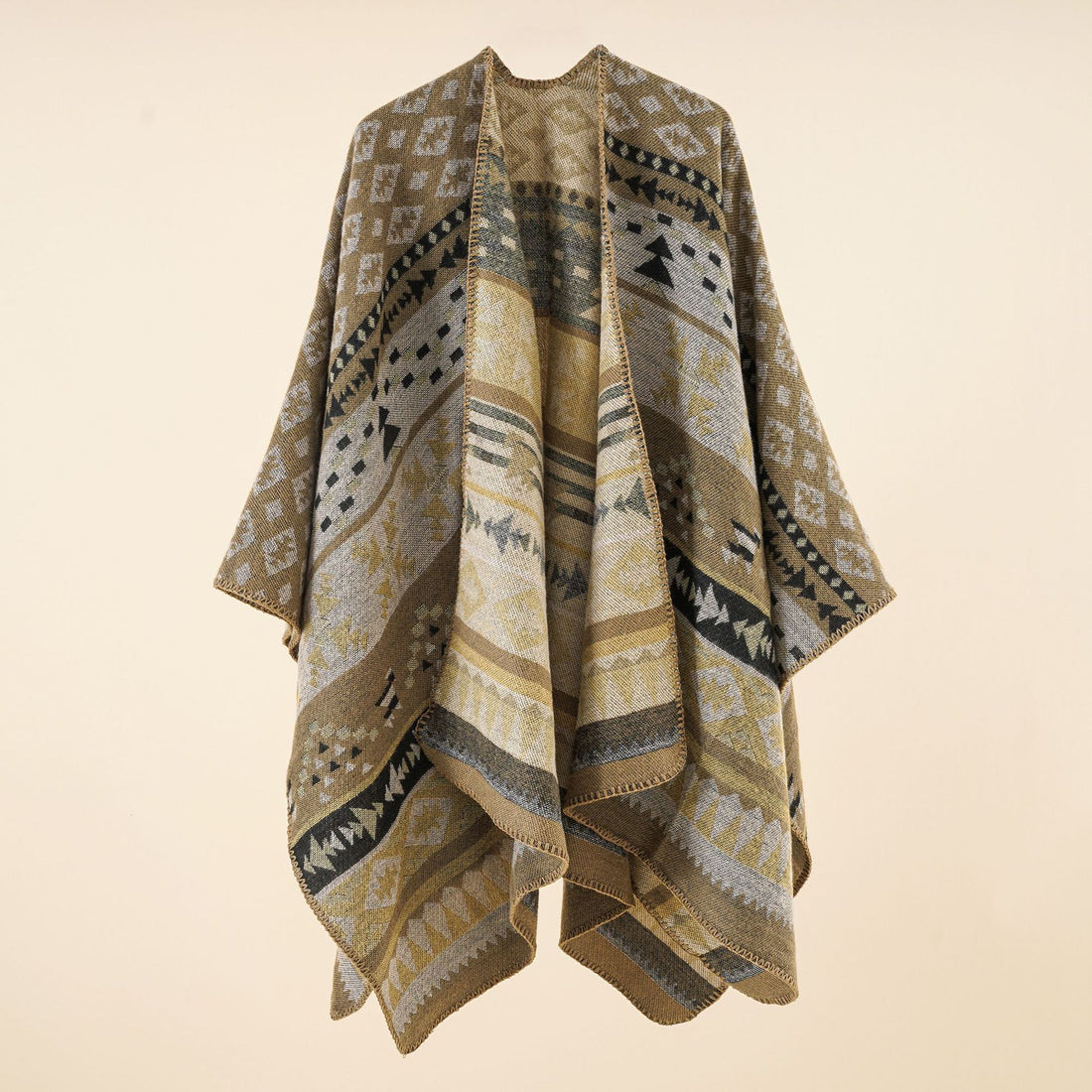 Damen Oversize Strickponcho mit Ethno-Geometrischem Muster – Veloura