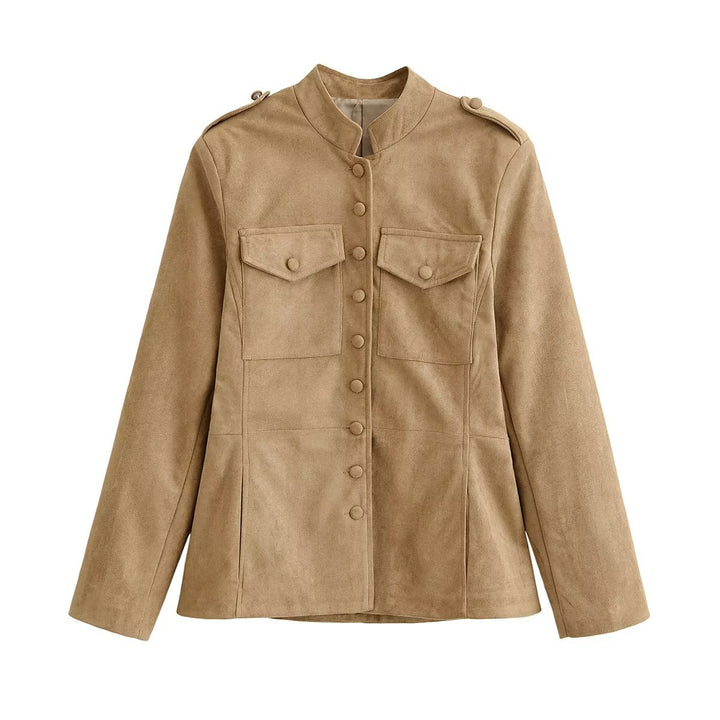 Damen Wildlederoptik Fieldjacke mit Stehkragen und Pattentaschen Echo Archiv