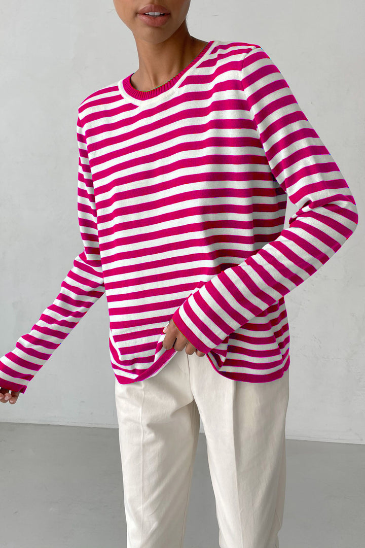 Damen nan gestreifter Baumwollpullover mit Rundhals und legerer Passform Echo Archiv