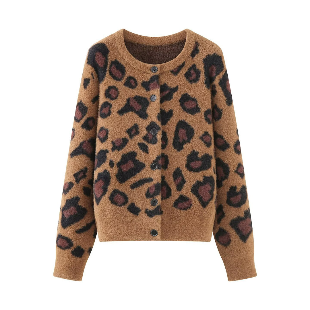 Damen Flauschige Strickjacke im Leoprint mit Rundhals und Knopfleiste Echoarchiv