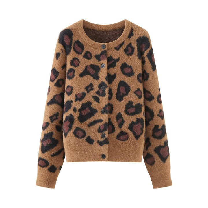 Damen Flauschige Strickjacke im Leoprint mit Rundhals und Knopfleiste Echoarchiv