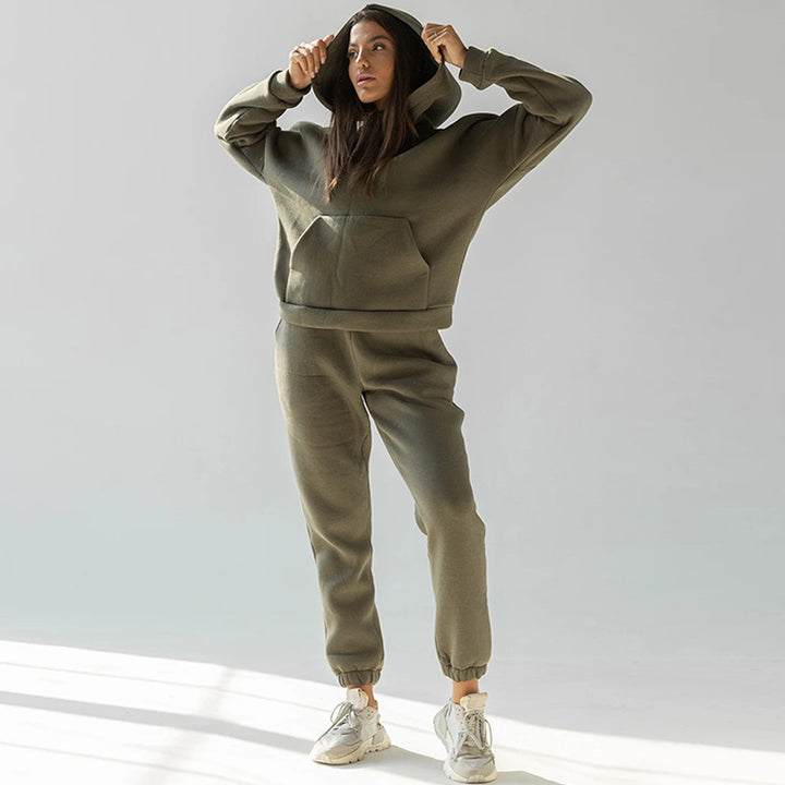 Damen nan zweiteiliges Komfort-Loungewear-Set mit oversized Kapuzenpullover, Kängurutasche und elastischem Knöchel-Jogger aus French Terry Echo Archiv