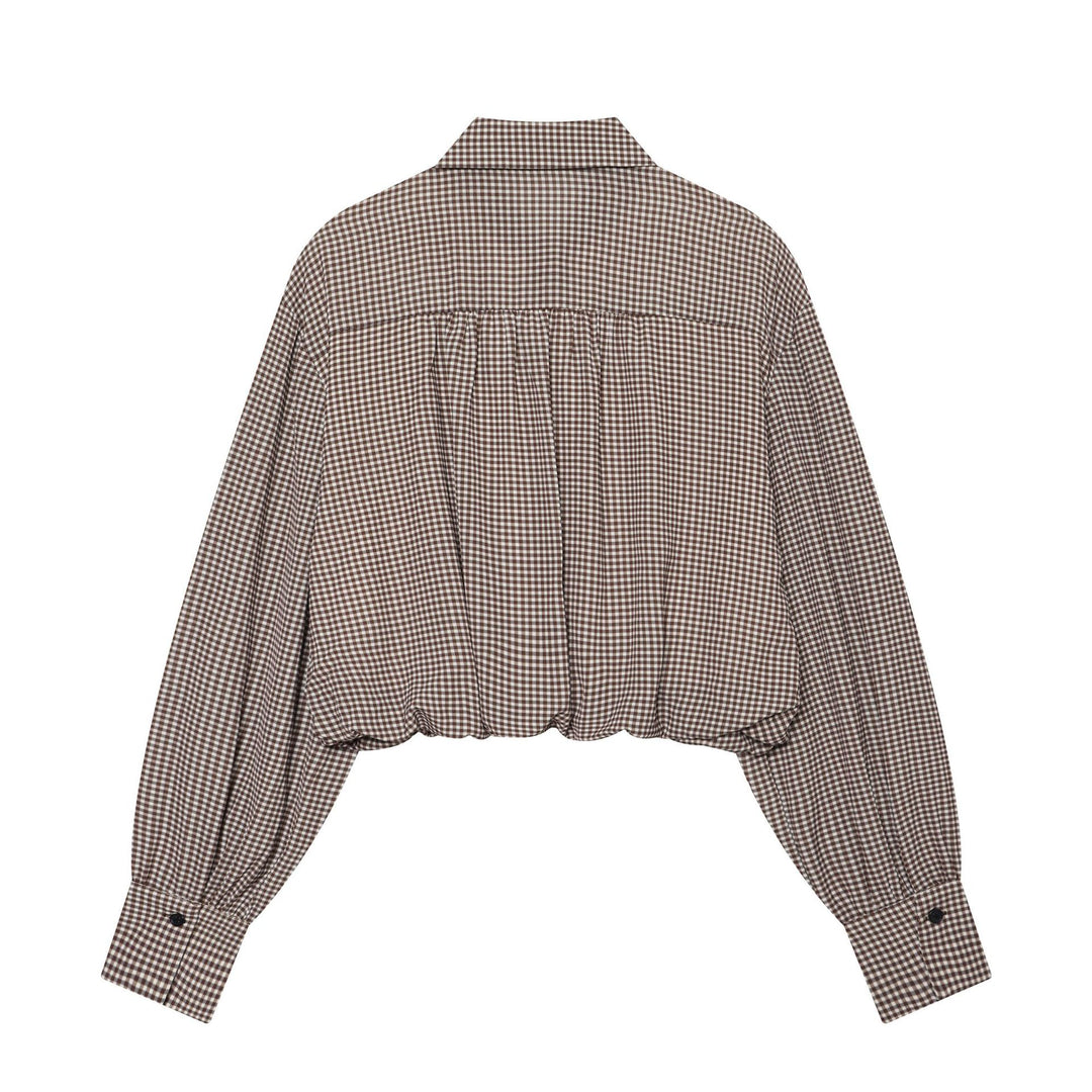 Damen Karierte Cropped-Hemdbluse mit weiten Ballonärmeln und Brusttasche Echoarchiv